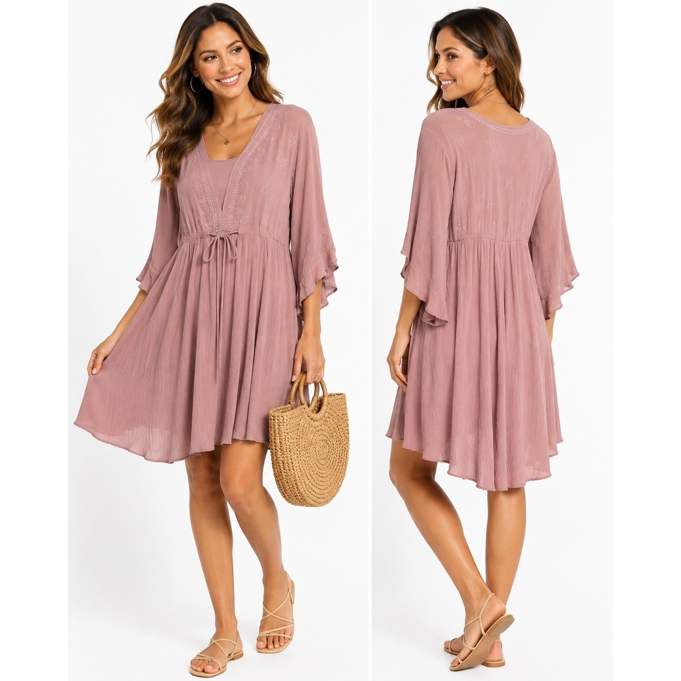 Indigo Soul Mauve Pink Embroidered Boho Mini Dress V-Neck L Sleeve Drawstring