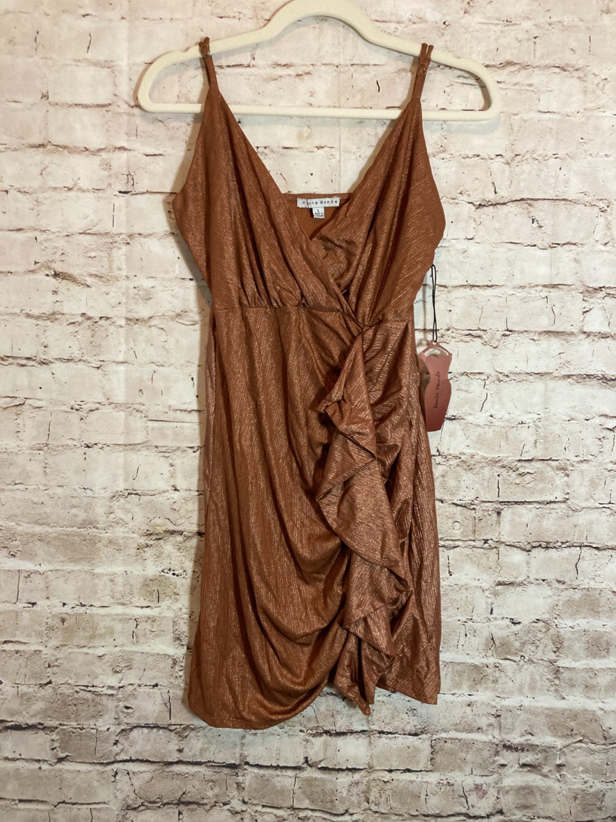 NEW Haute Monde Mini Dress Large Copper Brown With Gold Glitter Tones Ruffles