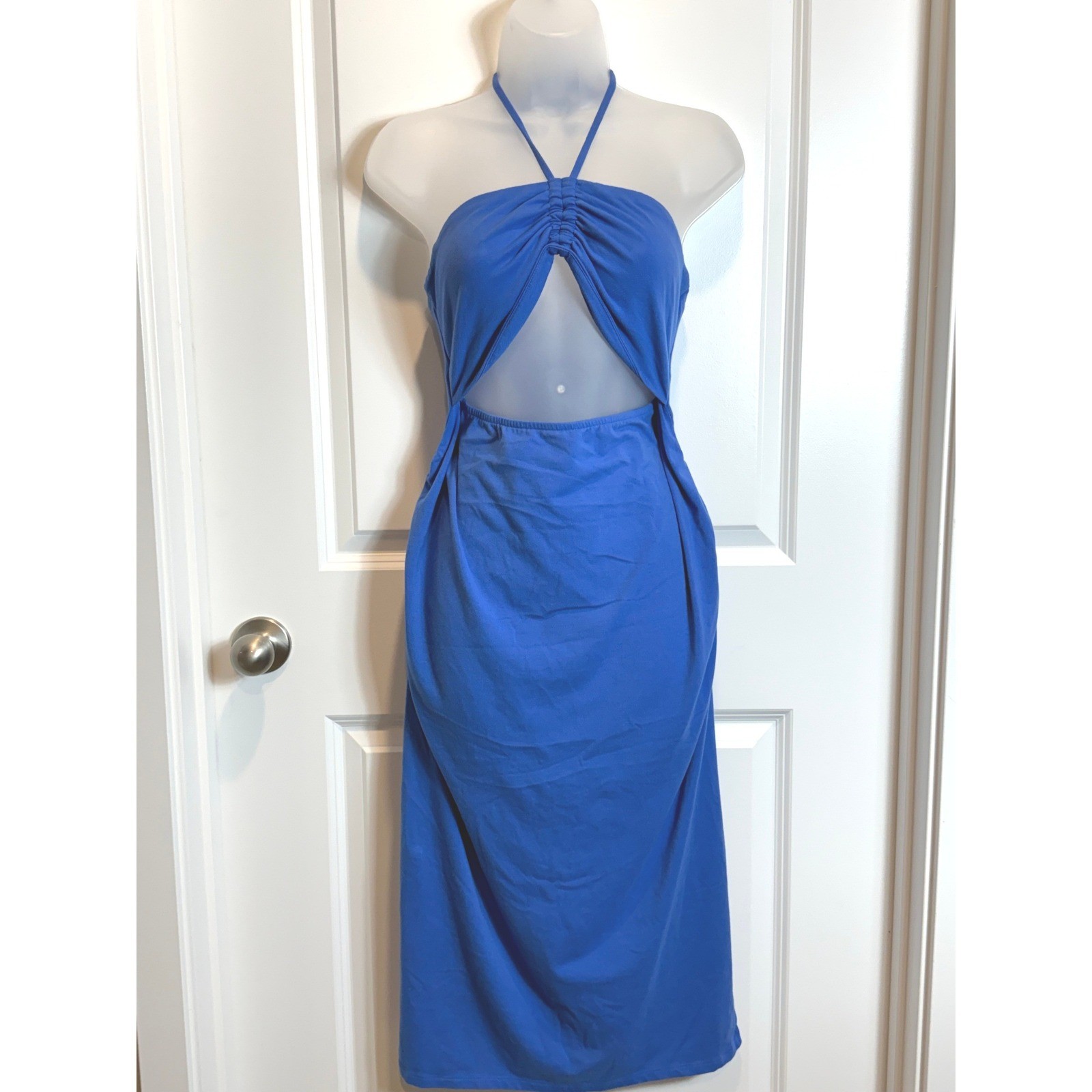 Isabel by Ingrid Isabel Maternity Halter Midi Dress Blue Cutout Ruched M Medium
