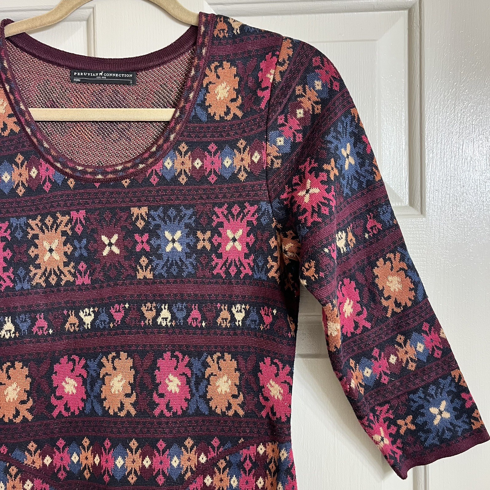 Peruvian Connection Maxi Knit Dress Wom S Wine Pink Geo Pima Cotton 3/4 sleeve