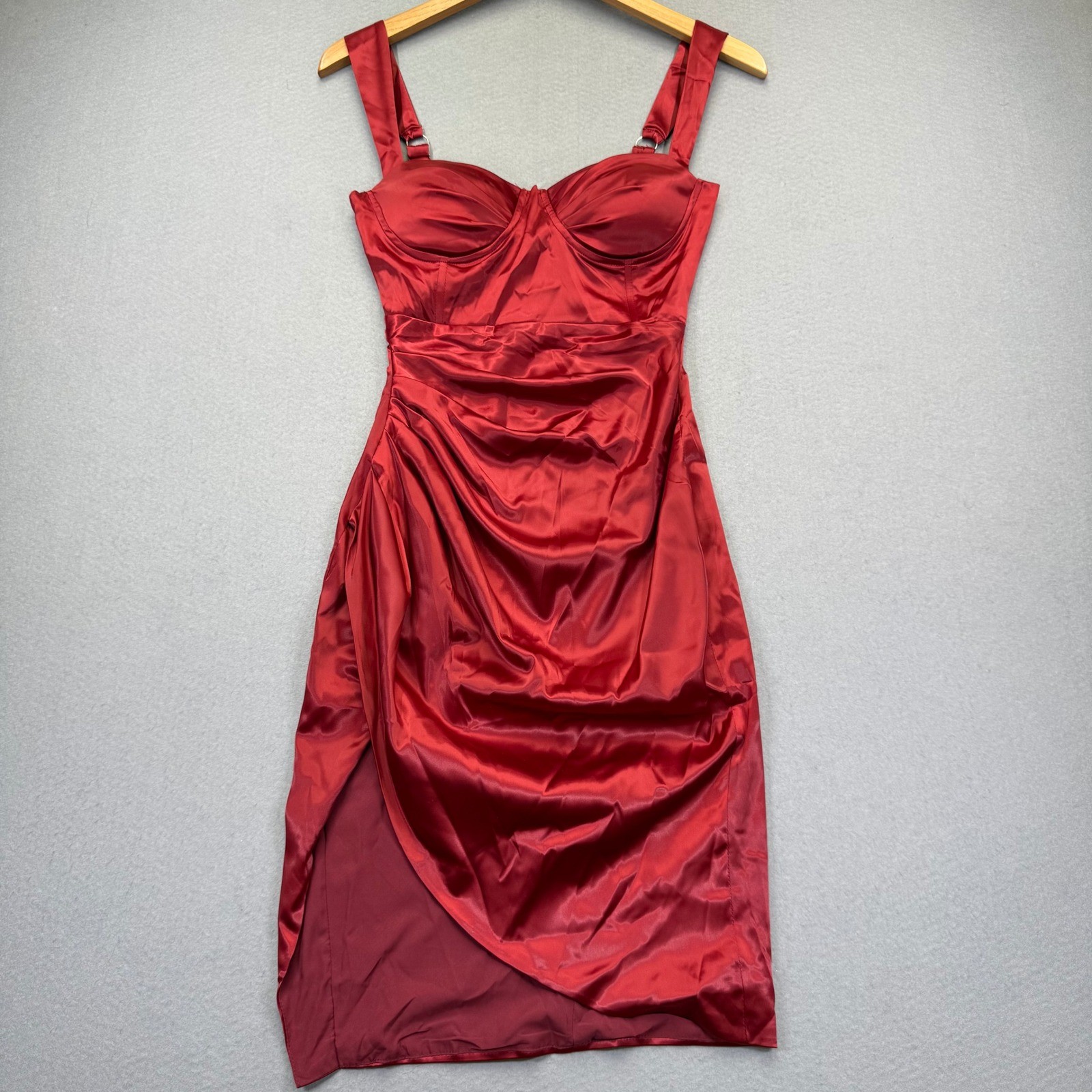 Heiress Beverly Hills Red Satin Ruched Bustier Midi Dress XS Bodycon Glam