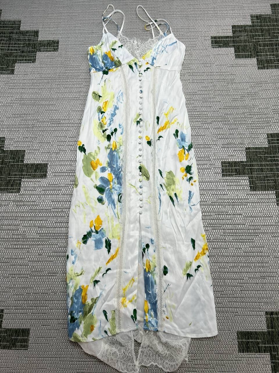 Anthropologie Dress Womens 0 White Yellow Blue Floral Satin Midi