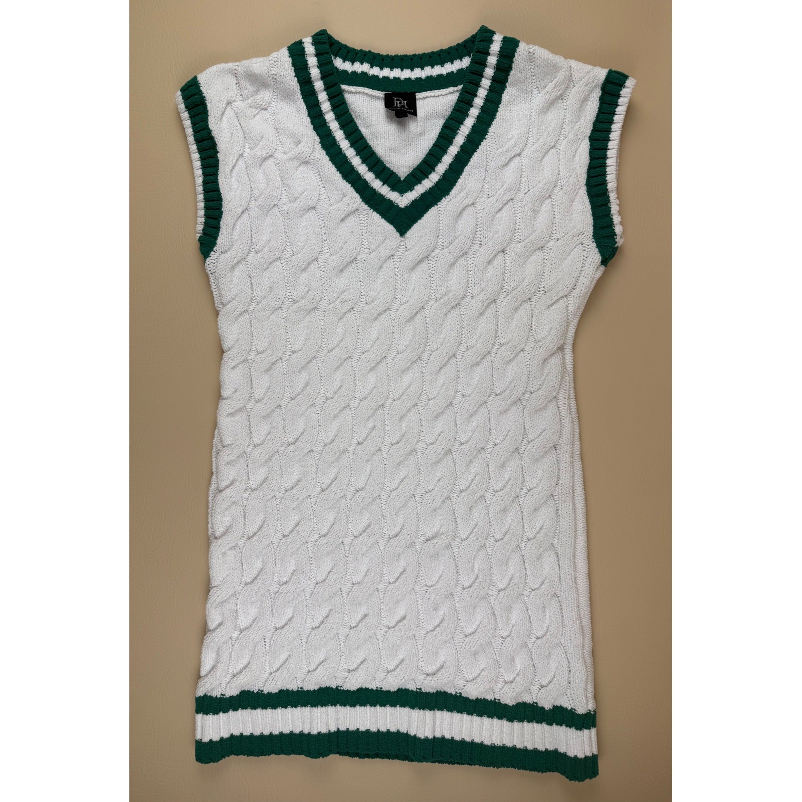 Preppy Varsity Sweater Dress Cable Knit Green Trim Medium Derek Heart