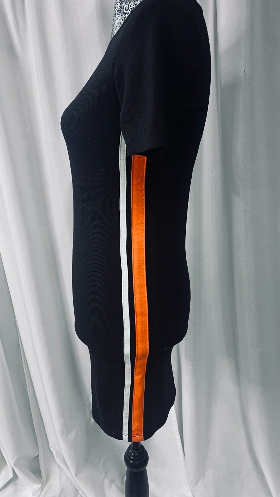 Divided H&M Black Bodycon Pencil Dress Size XS Side Stripes Orange White Ribbed