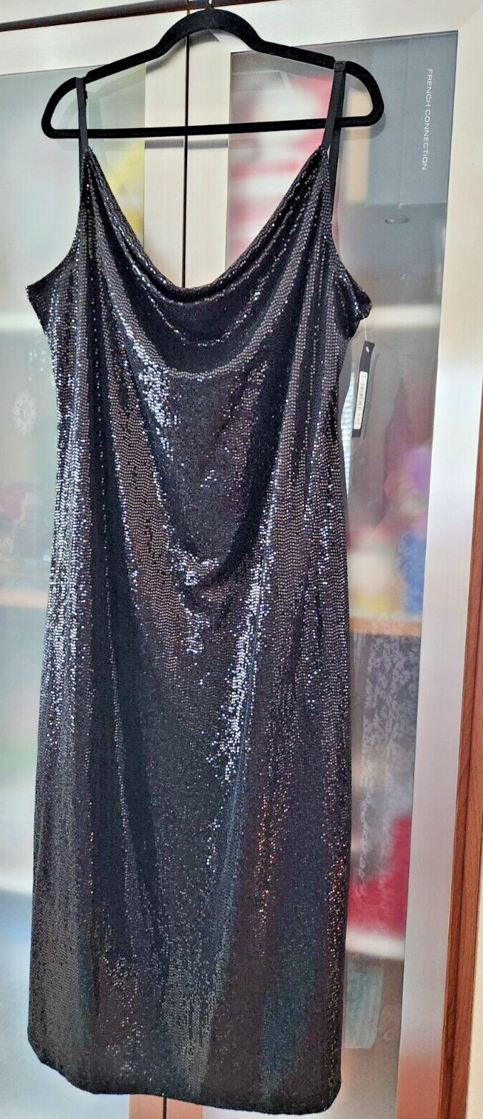 NWT Bebe Women’s Dress Size 3X Black Sequin Slip on Cowl Neck Cocktail 52″Long