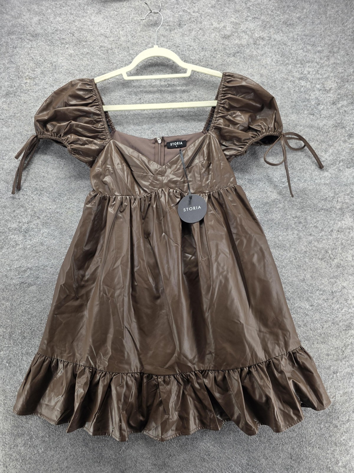 STORIA Dress Womens S Brown Mini Fit & Flare Sweetheart Puff Sleeve Lined