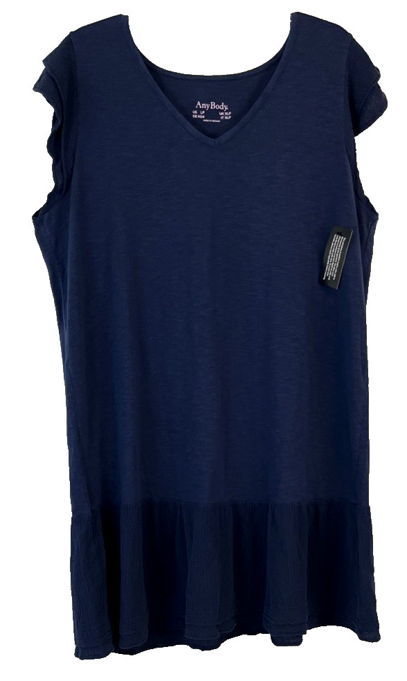 AnyBody Slub Jersey/Gauze Mixed Dress Blue PL Petite Pull On A694355 Women CBS21