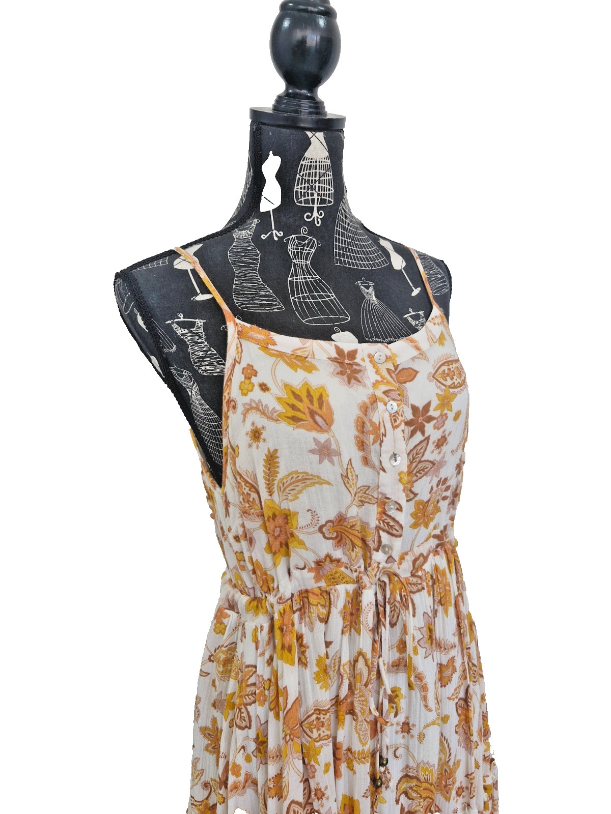 Ghanda Cotton Midi Dress Womens S White Orange Floral Button Tie Waist