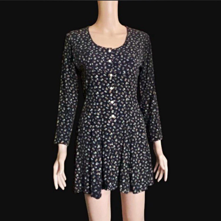 90’s VTG Black Floral Mini Dress XS Long Sleeve Scoop Neck Button Front