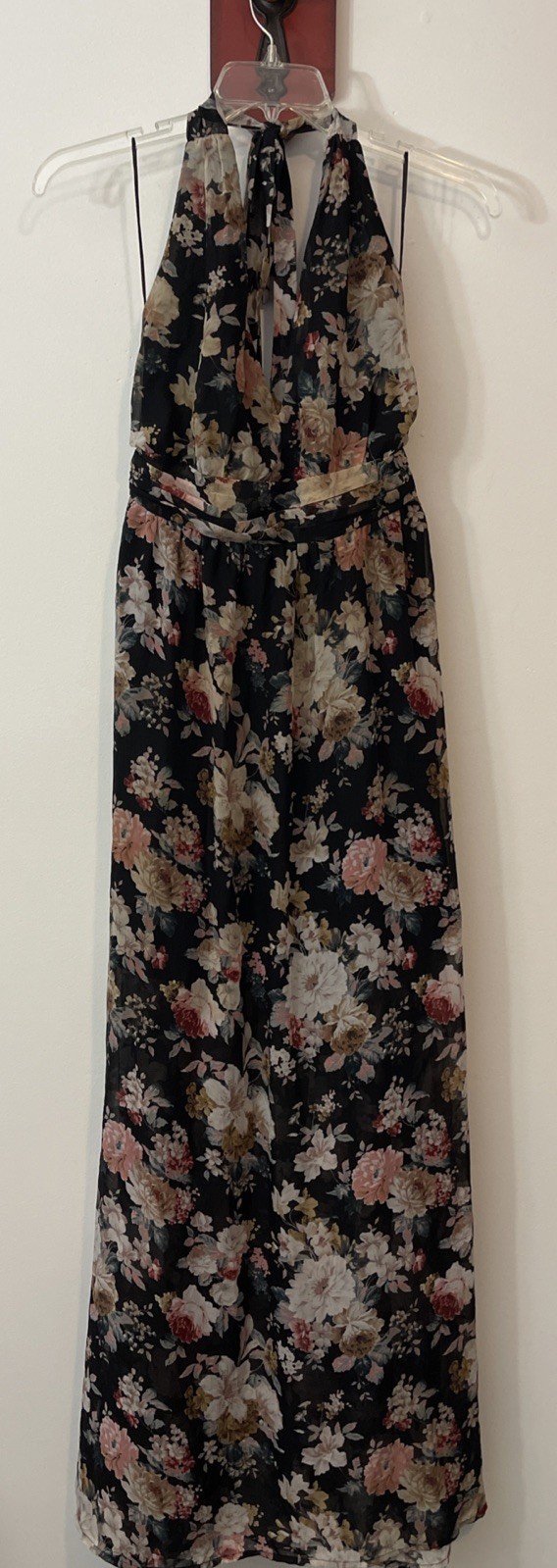 Xtaren Womens Large Black Floral Deep-Vneck Lined Halter Maxi Dress NWT! A2146
