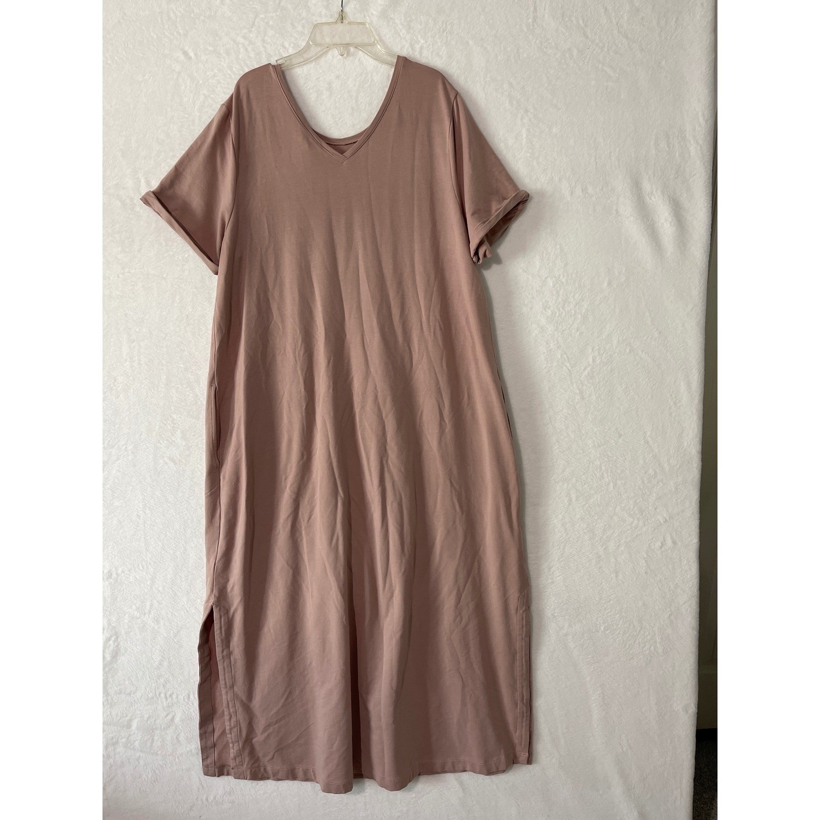 Pure Jill J Jill Pima Cotton Modal V-Neck Maxi T-Shirt Dress Mauve XL Pockets