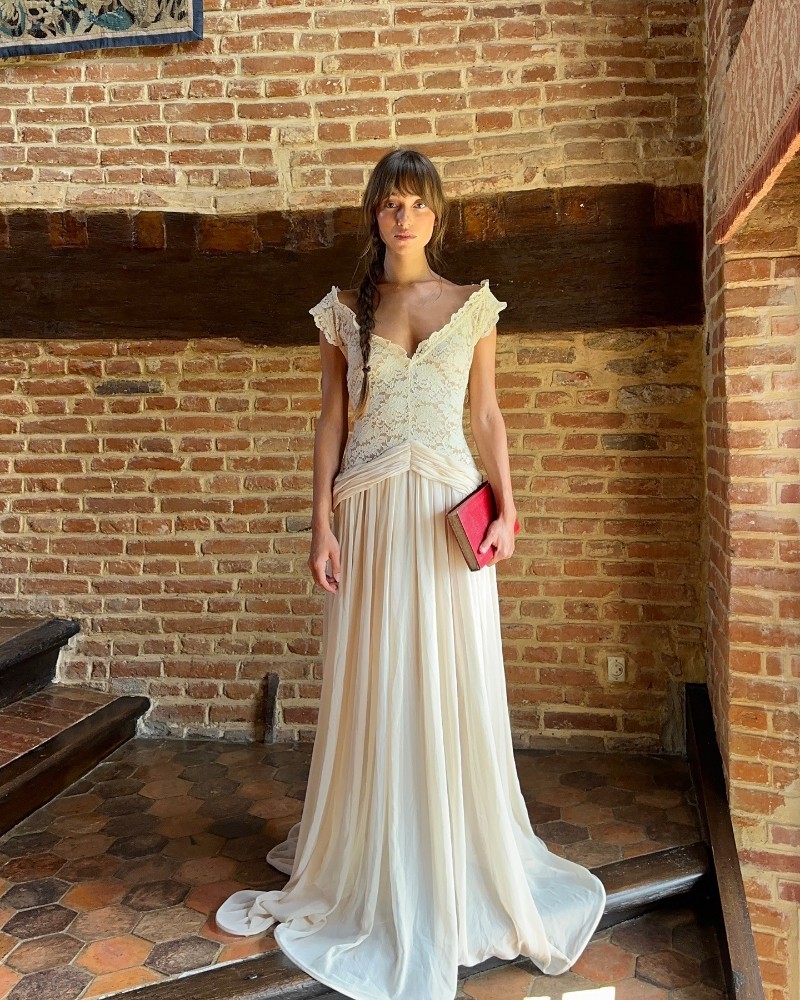 2026 Spring/Summer Evening Gown V-neck Chiffon Maxi Dress Off-the-Shoulder Lace