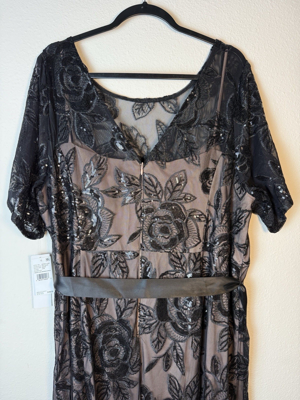 Adrianna Papell Studio Sequined Lace Gown Black Nude Dress Plus 24W NWT Belt