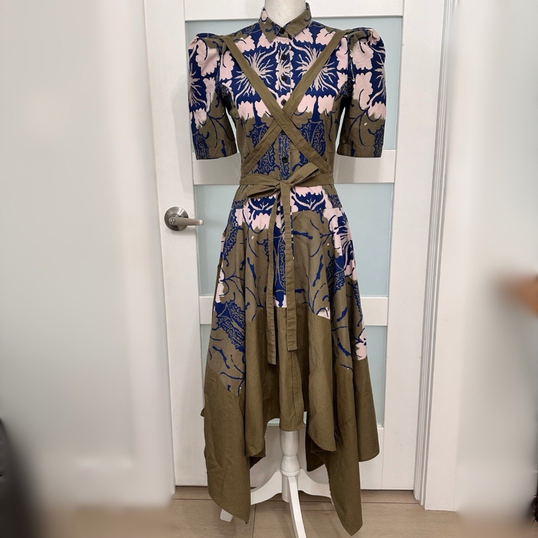 Making the Cut Army GreenFloral Self Tie Dress XS Season2 Winner Pockets NWT