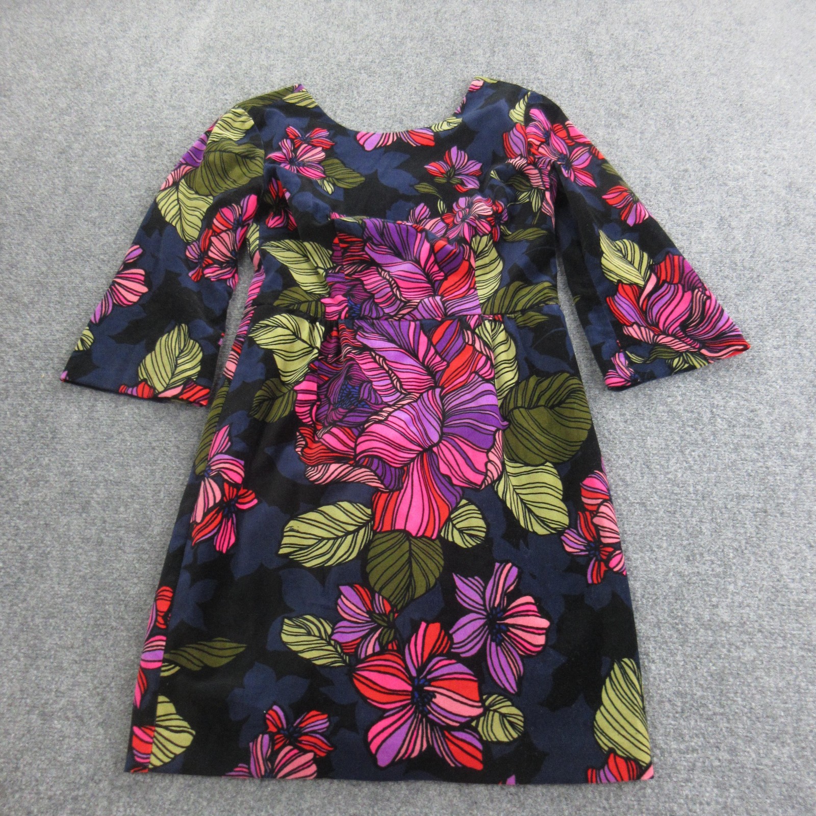 Trina Turk Dress Womens 6 Multicolor Floral Velvet A Line 3/4 Bell Sleeve Party