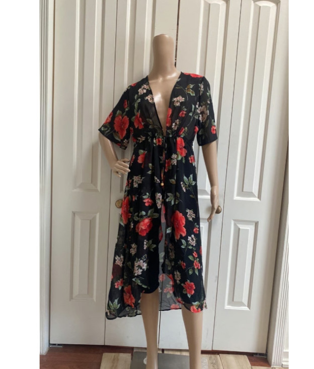 CURE Maxi Kimono Dress Black Red Floral Sheer Bathing Suit Coverup w Tie Large