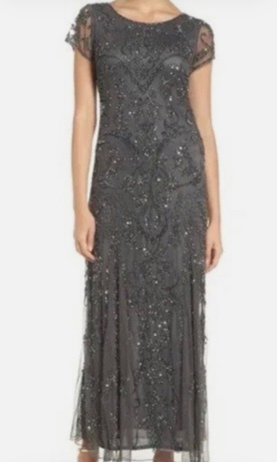 Pisarro Nights Beaded Illusion Mesh A-Line Gown Sz 10 Navy new