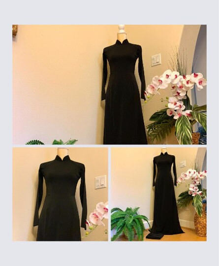 Black Ao Dai Vietnamese Lua My Silk Long Dress with Matching Pants G79