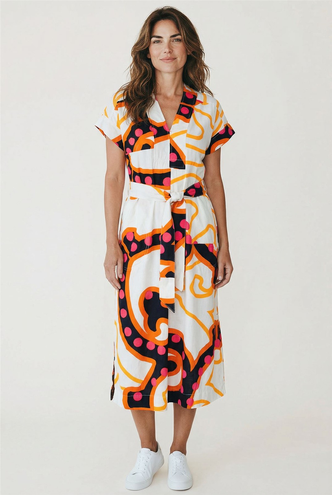 Womens White Stuff Dress Orange Marianne Midi Linen Blend Abstract Print