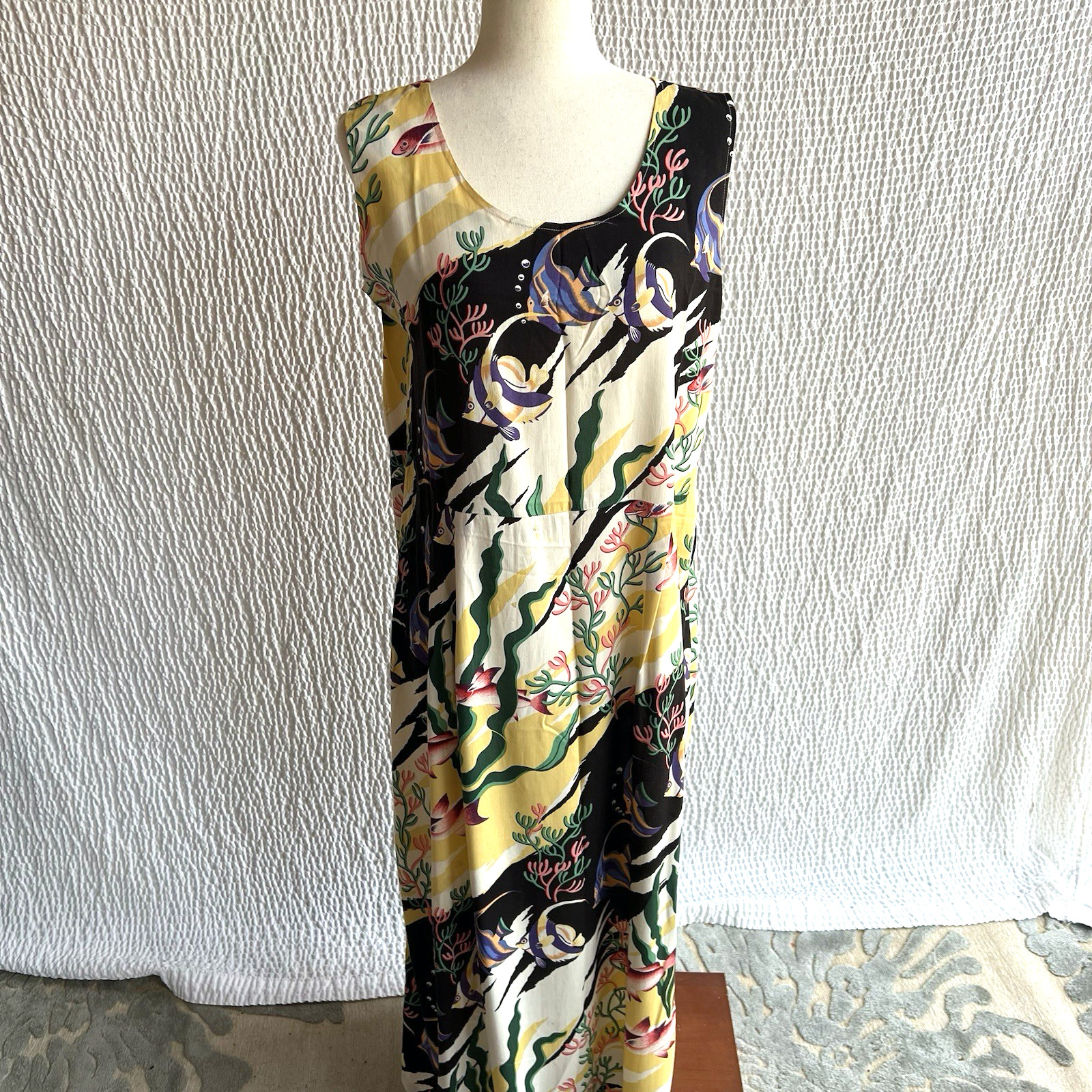 Reyn Spooner Vintage Dress L Tropical Fish Coral print Hawaiian Long Slit Hem