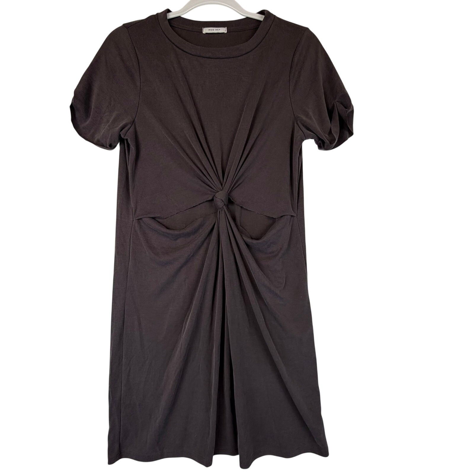 MOD REF Twist Front Knot T Shirt Dress Women Sz 15 Charcoal Purple Ribbed Cutout