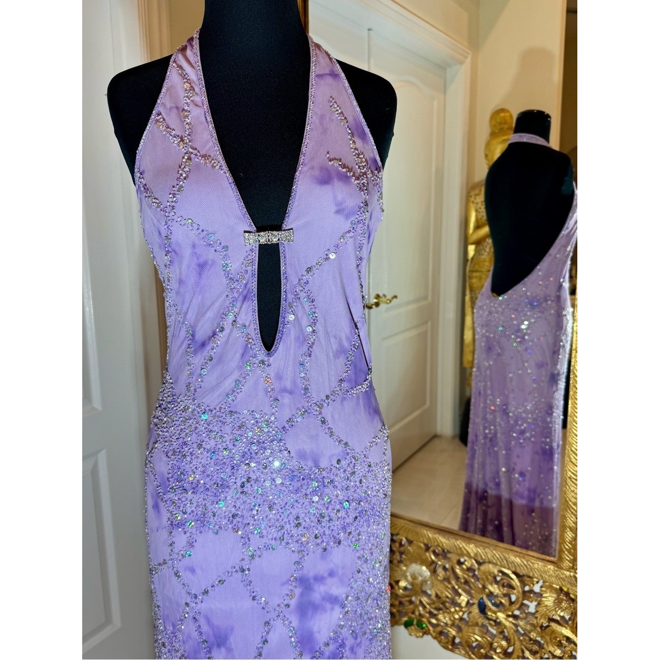 Lavender hand beaded Halter-Sequin Evening Gown on stretch. Attitudes by.Debra
