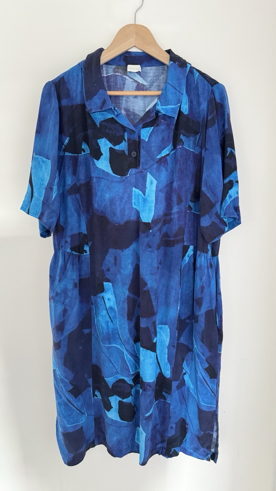 Poetry Blue Abstract Print Midi Smock Dress UK 16 Lyocell Linen Blend