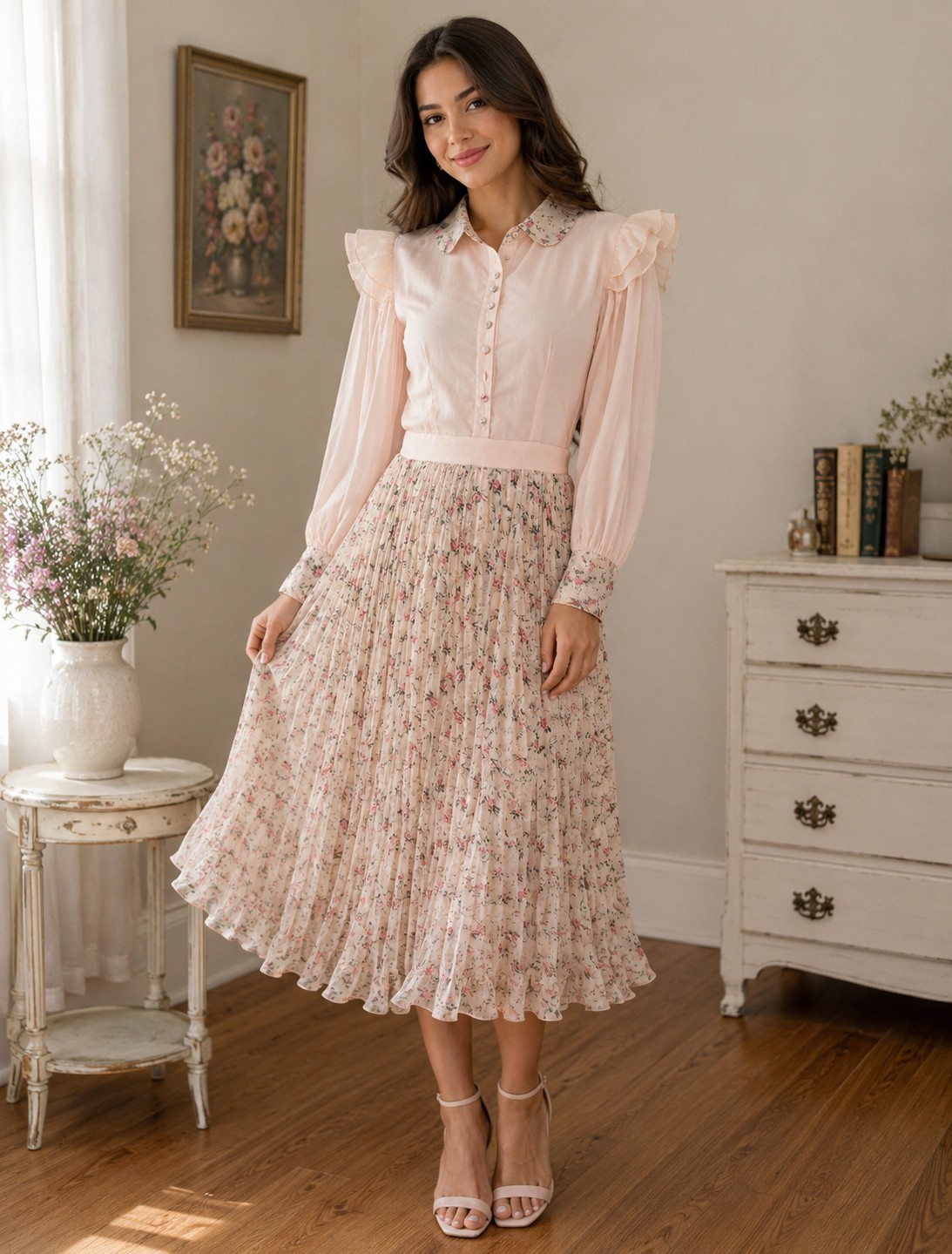 NWT IVY CITY CO Pink Cottagecore Pleated Puff Long Sleeves Midi Dress Sz XS