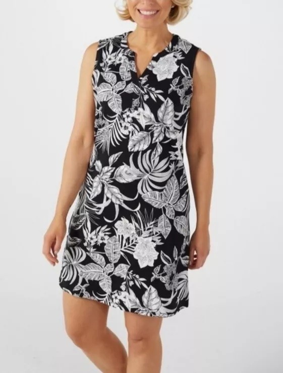 NWT DENIM CO BEACH FRENCH TERRY SLVLSS COVER-UP DRESS-BLACK TROPICAL, SMALL