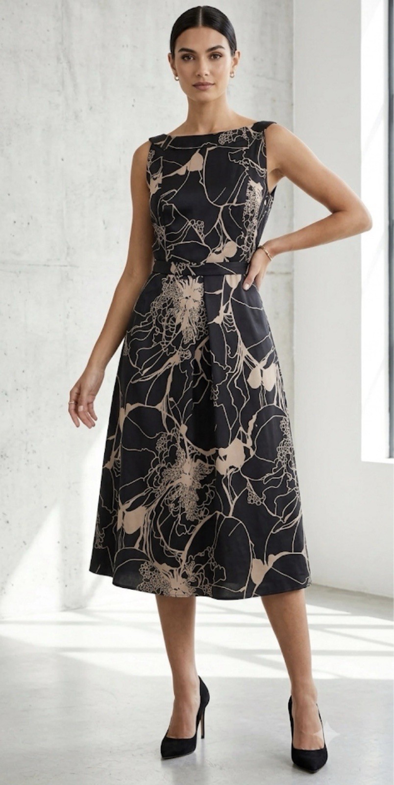 Monsoon Silk Brown & Beige Fit & Flare 50’s MIDI Style Dress. Size 14. Elegant