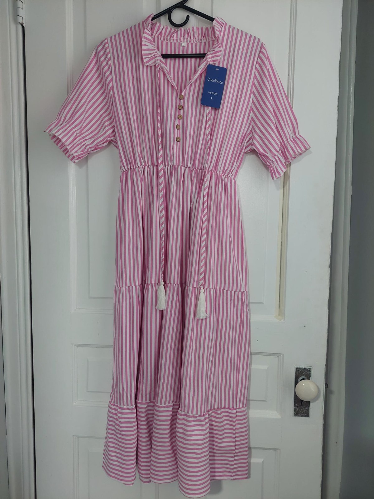 Chou Yatou Women’s Summer Striped Midi Swing Dress Puff Short Sleeve-L