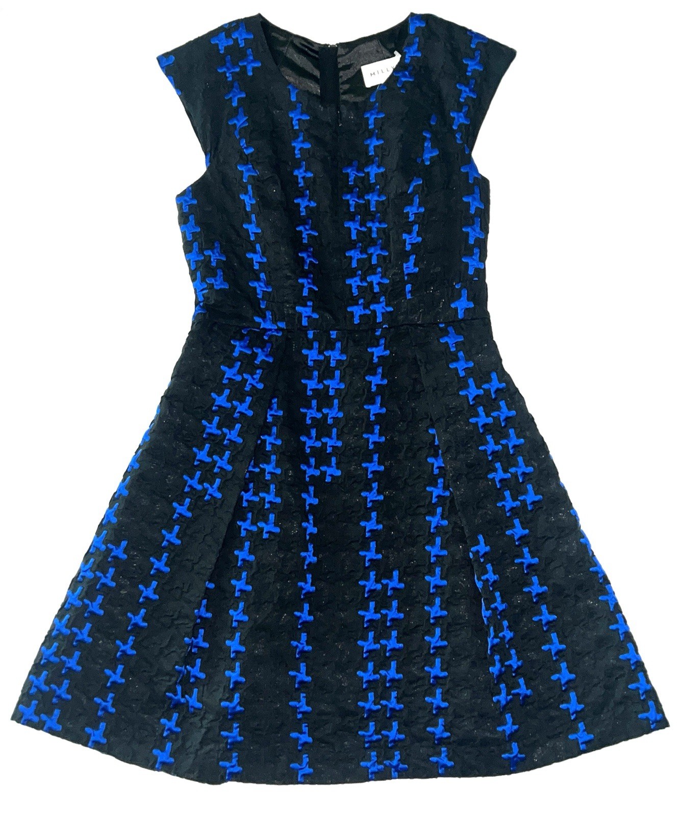 NWT $595 MILLY Fit & Flare Black Cobalt Jacquard Silk Zip Neck Cocktail Dress 2