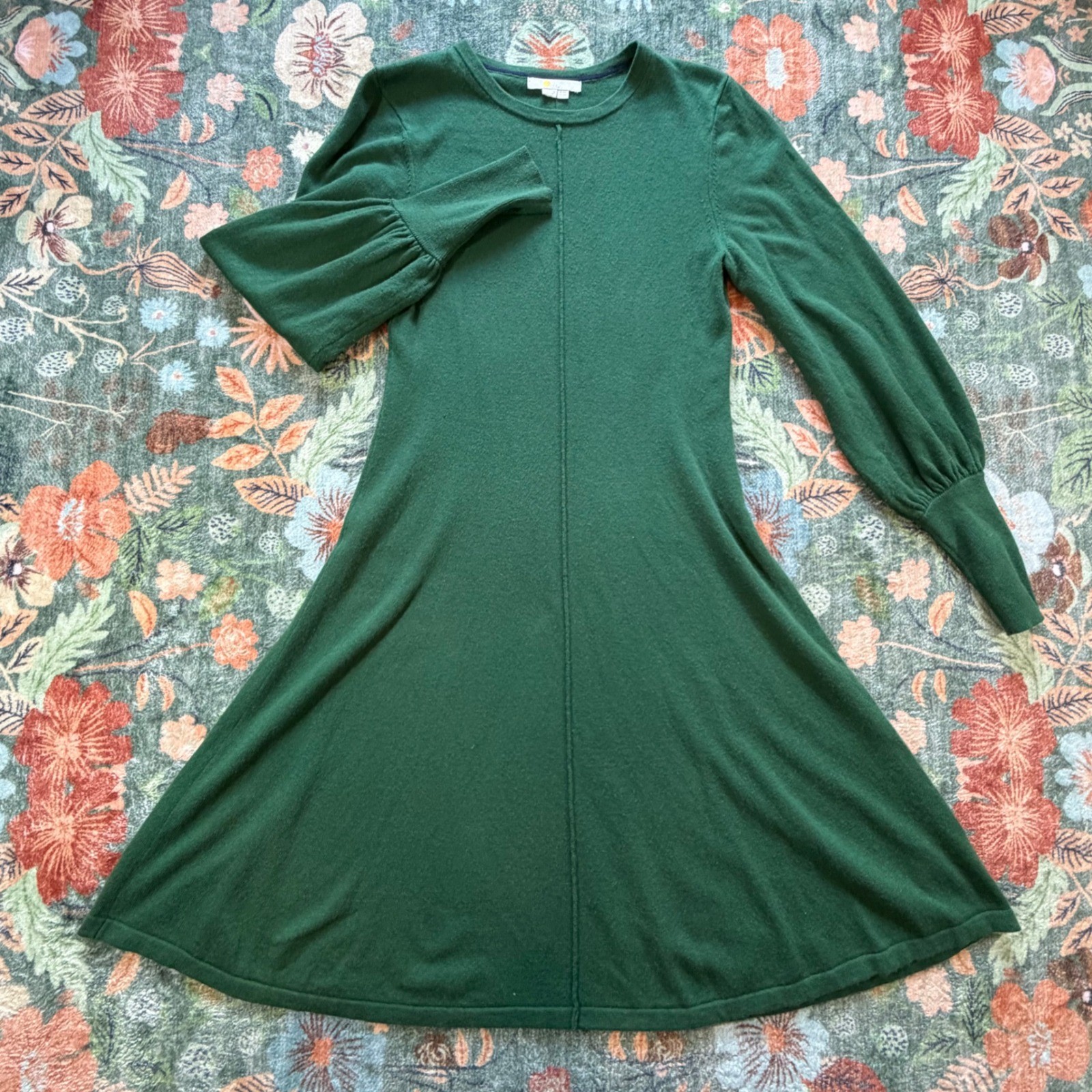 Boden Green Wool Cashmere Blend Puff Sleeve Knit Midi Dress US 4R D0359