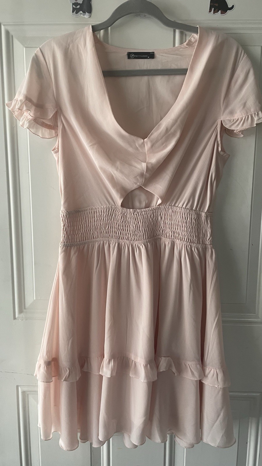 Prettygarden Pink Solid V-Neck Short Sleeve Fit & Flare Chiffon Lined M