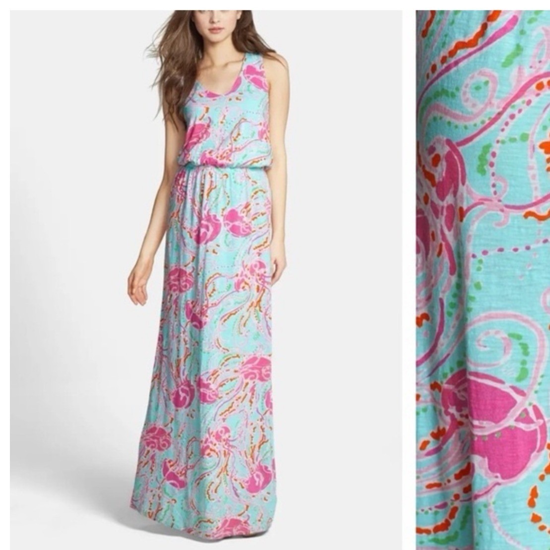 Lilly Pulitzer Jellyfish Jam Cotton Maxi Dress Blue Pink V-Neck Racerback Small