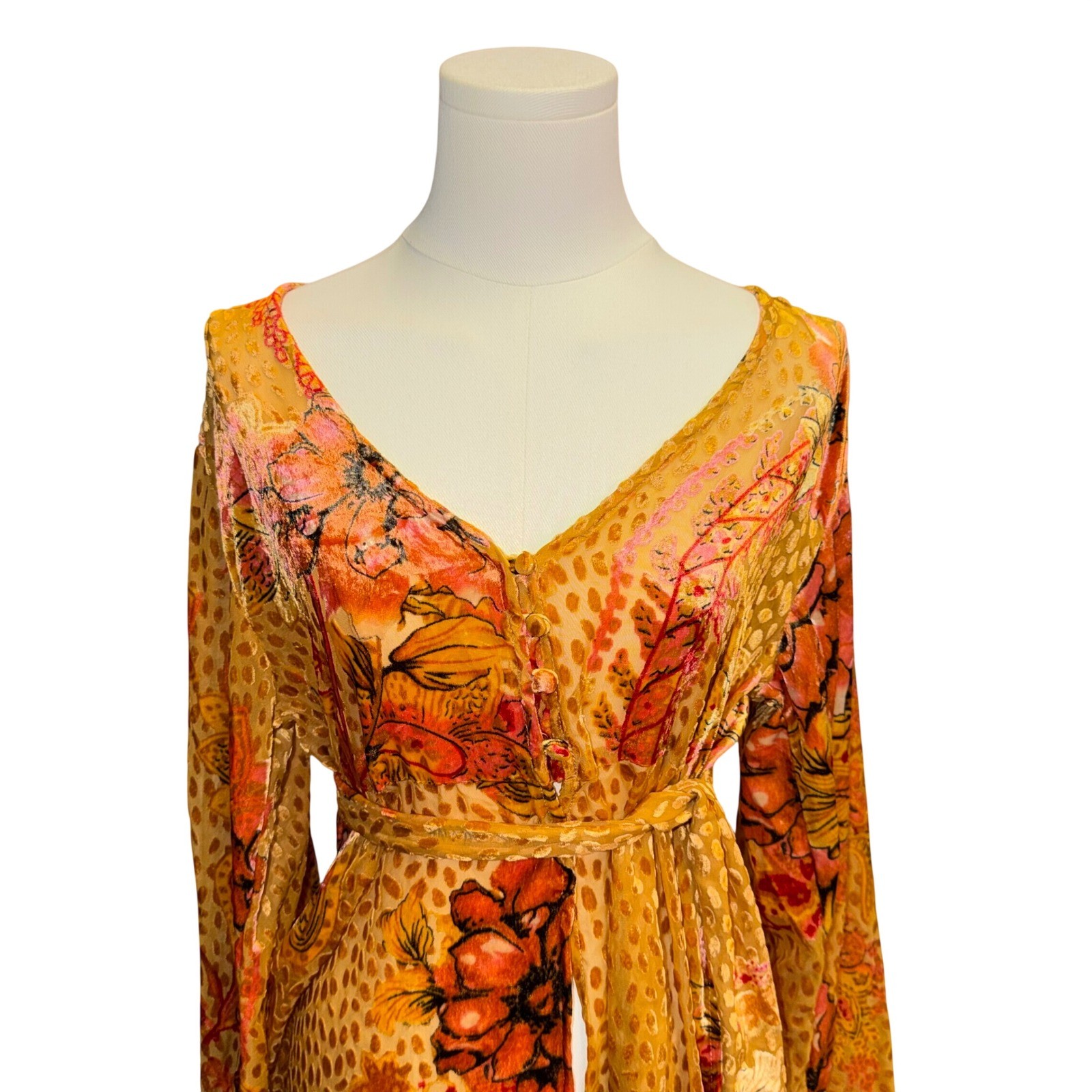 Nostalgia Devore Burnout Velvet Boho Dress Orange Floral Whimsigoth Retro 70s M