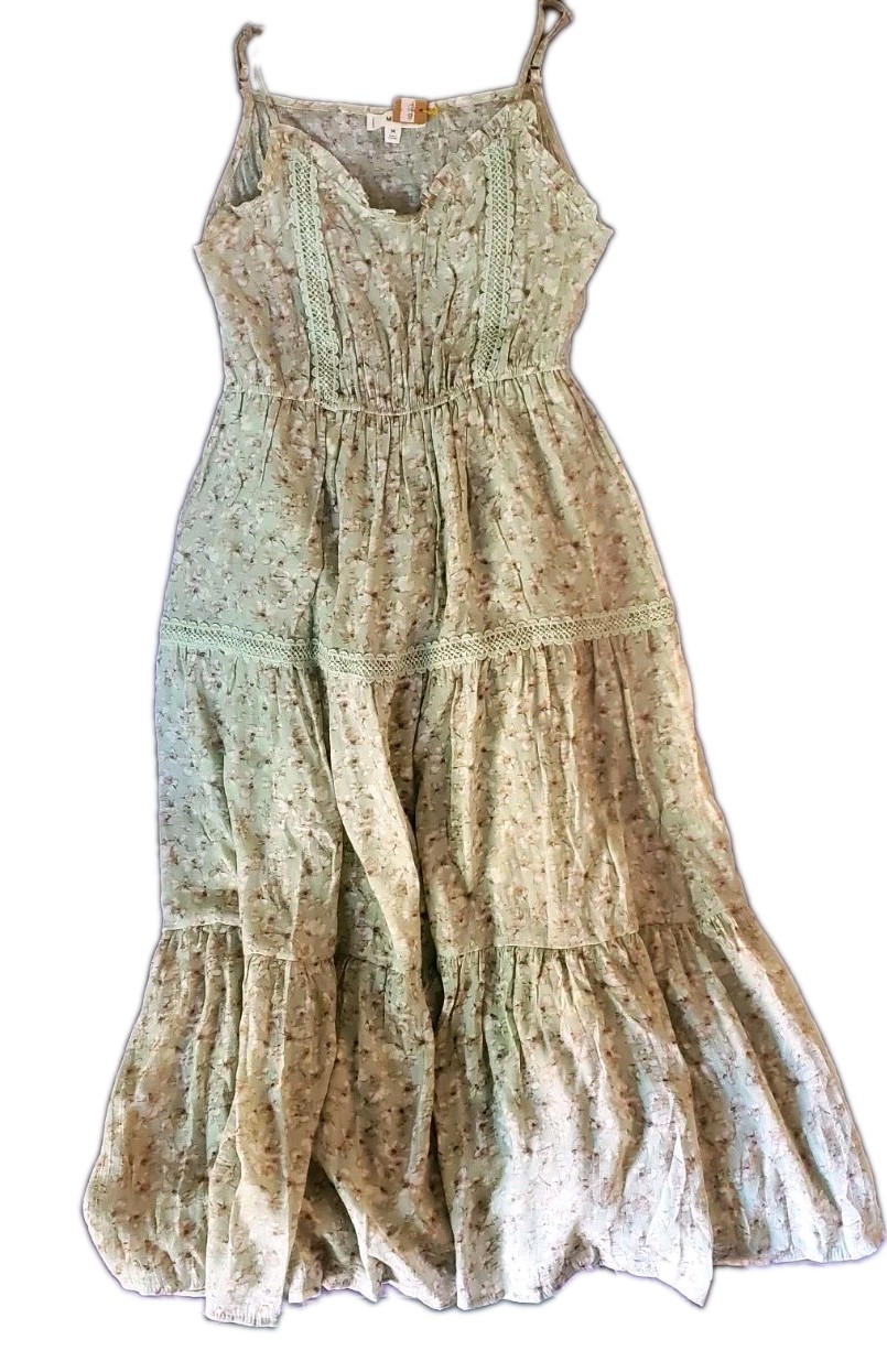 MINE Floral Boho Festival Spring Maxi Dress Mint Green Tiered Lace Trim SZ M