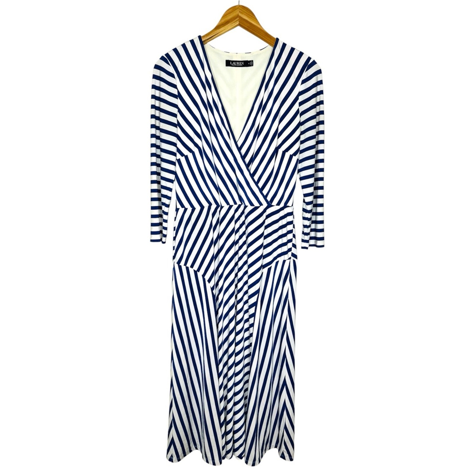 Lauren Ralph Lauren Blue White Striped Surplice Midi Dress Size 6 Coastal Preppy