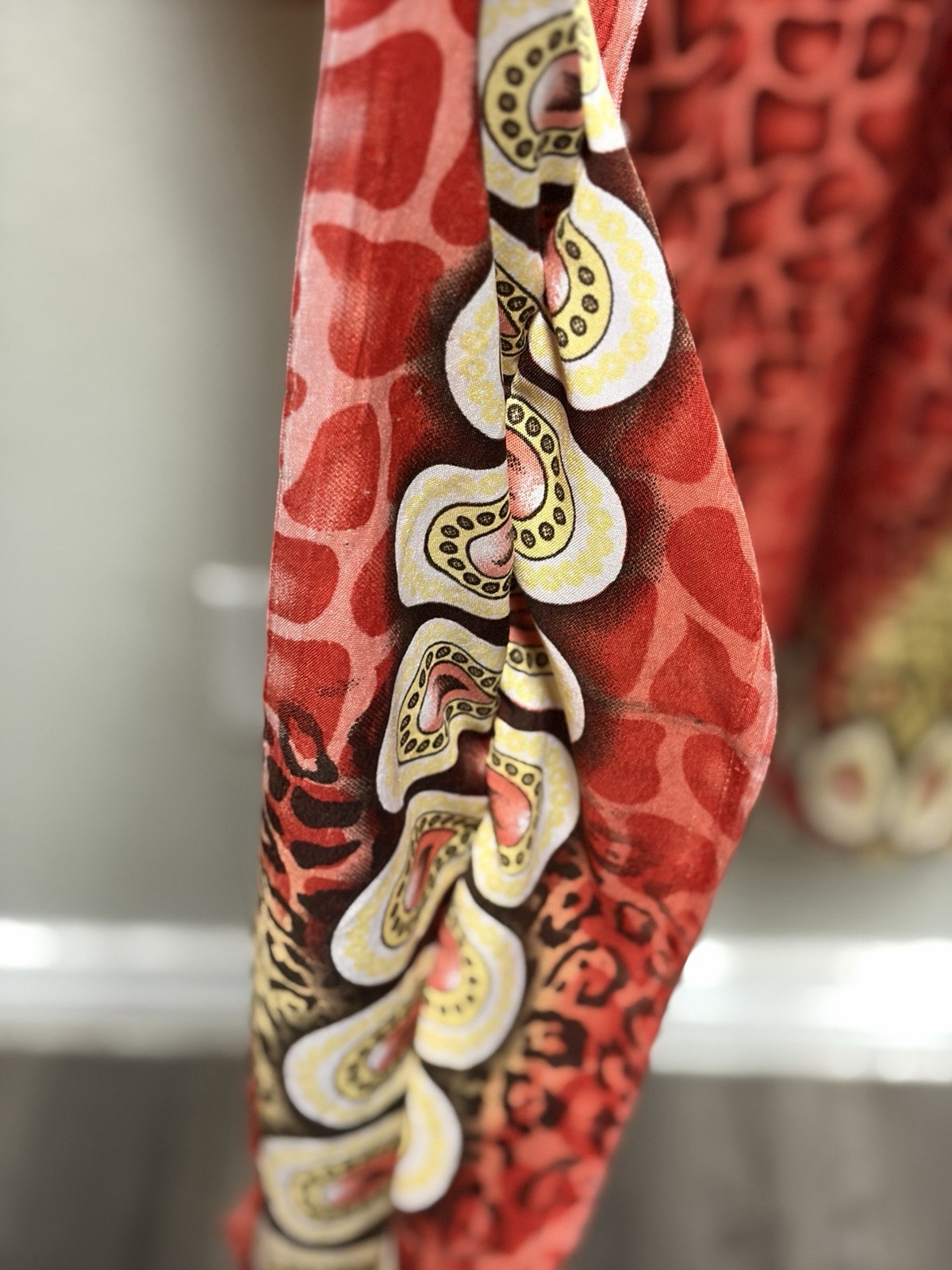 American Leisure Red Brown Beige Animal Print Kaftan Dress Round Neck Long One
