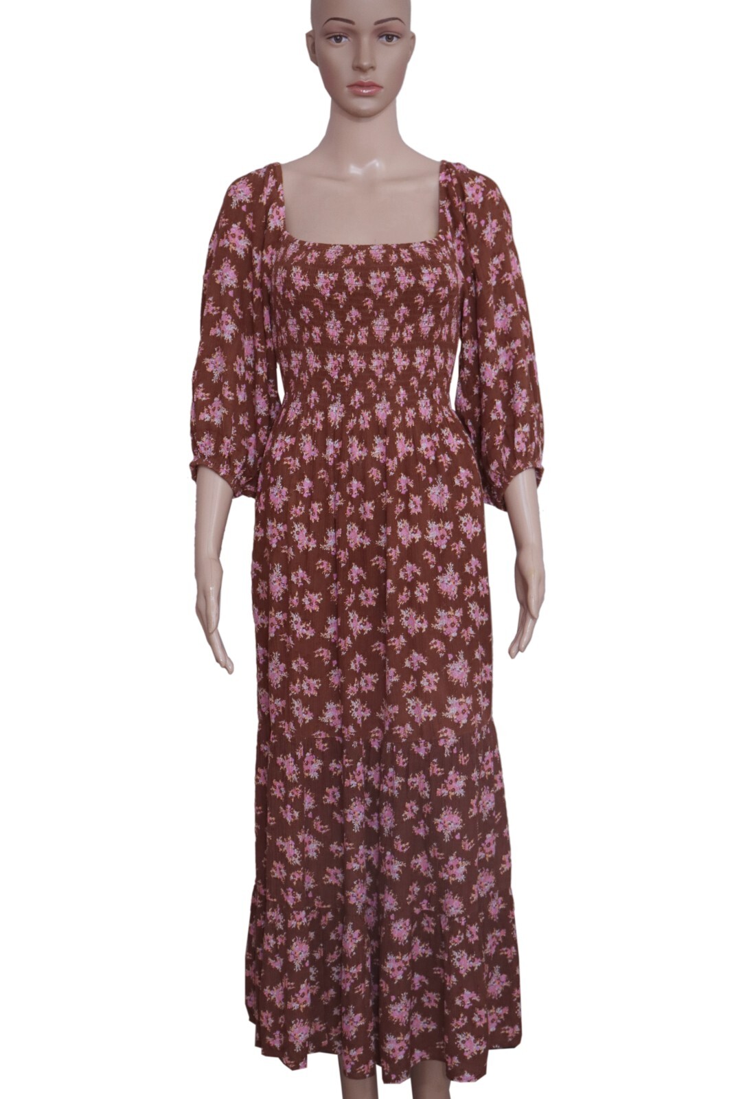 UO Lottie Chocolate Floral Tie-Back Midi Dress Printed Smocked Puff Sleeve New L