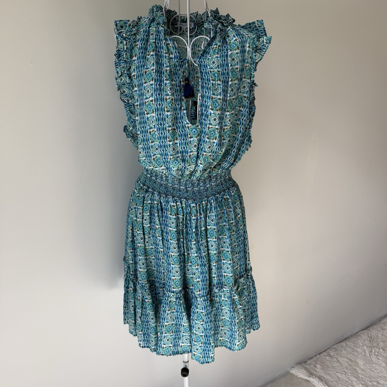 Poupette St Barth Triny Mini Dress Aqua Coleus Tassel S NWT elastic waist