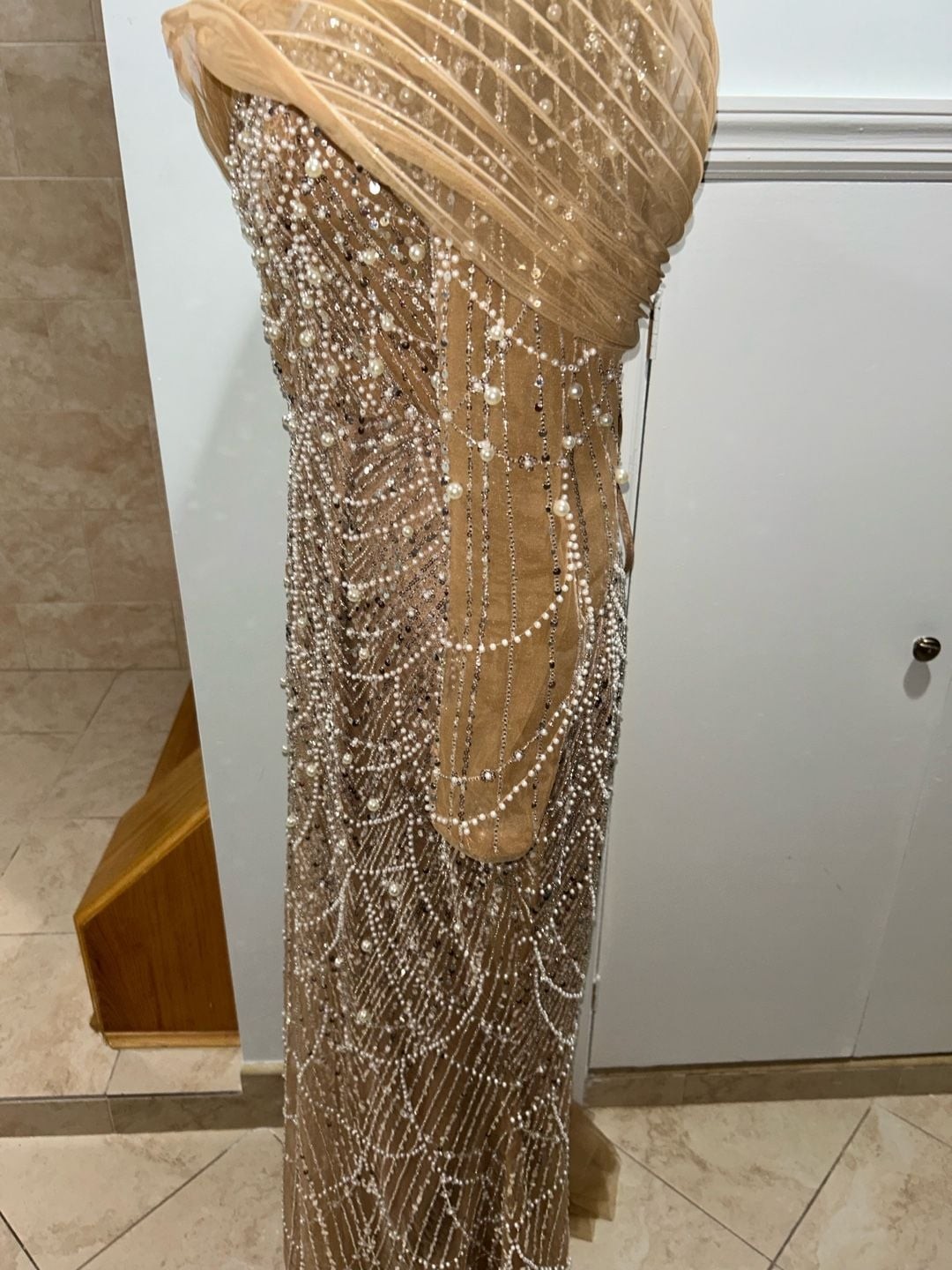 Champagne Long Sleeve Evening Gown with Pearl and Sequin Beading