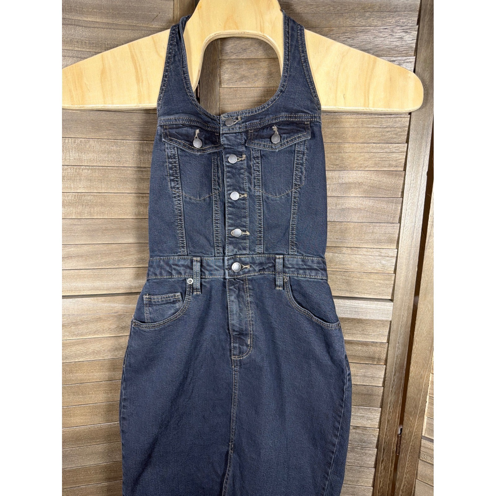 Universal Thread Denim Halter Midi Dress Dark Wash Button Front Womens 2 NEW