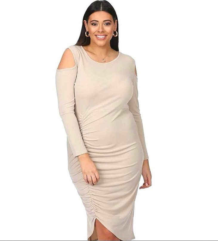 Pink clove plus ruched midi dress UK 24 womens cold shoulder slinky party