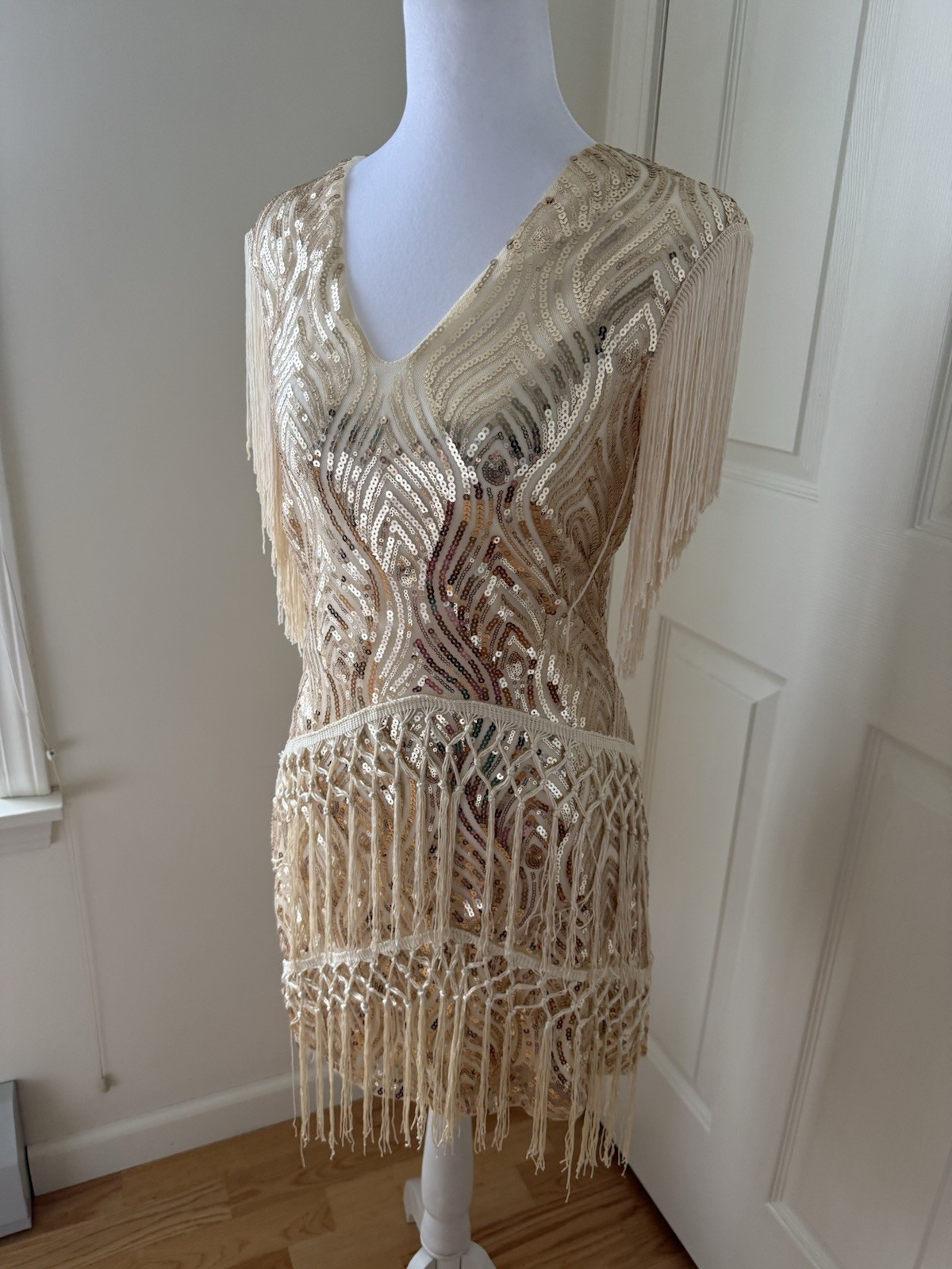 BABEYOND Gold Sequin Fringe Dress Western Boho Festival Gatsby NWT Small