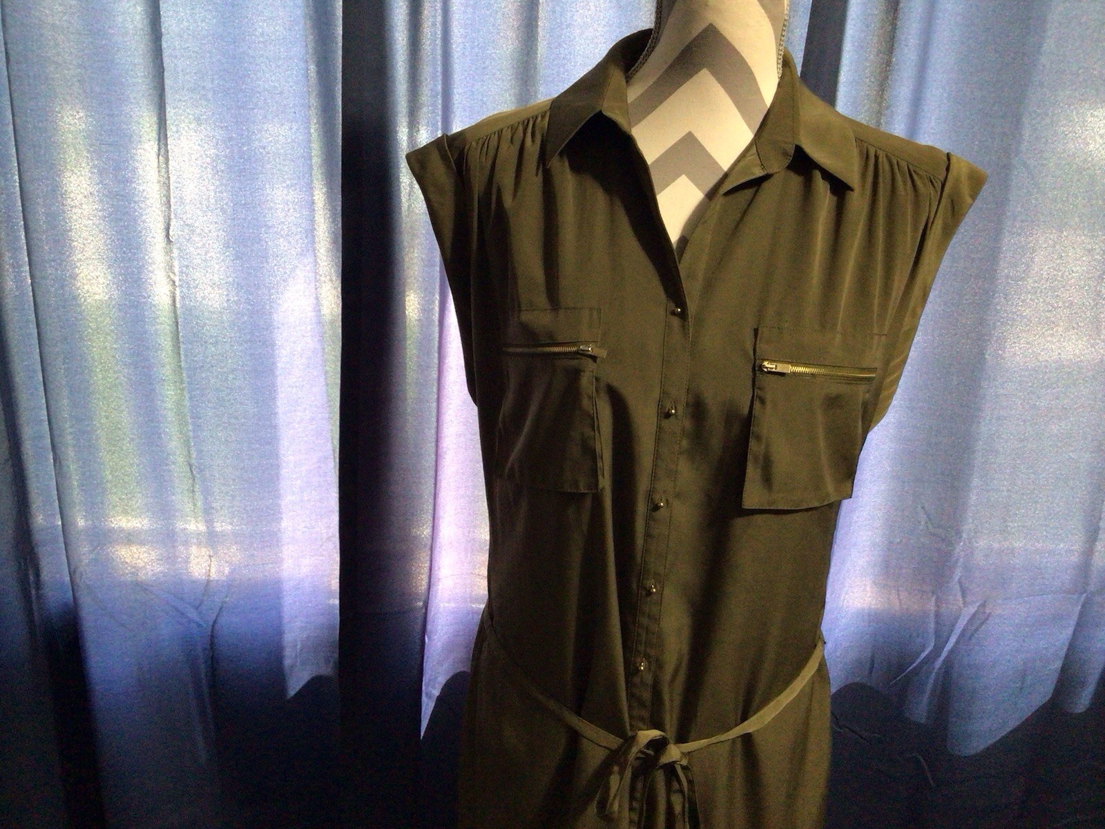 Express Olive Sleeveless Button Front Zip Pockets Belted Lined Short Dress M