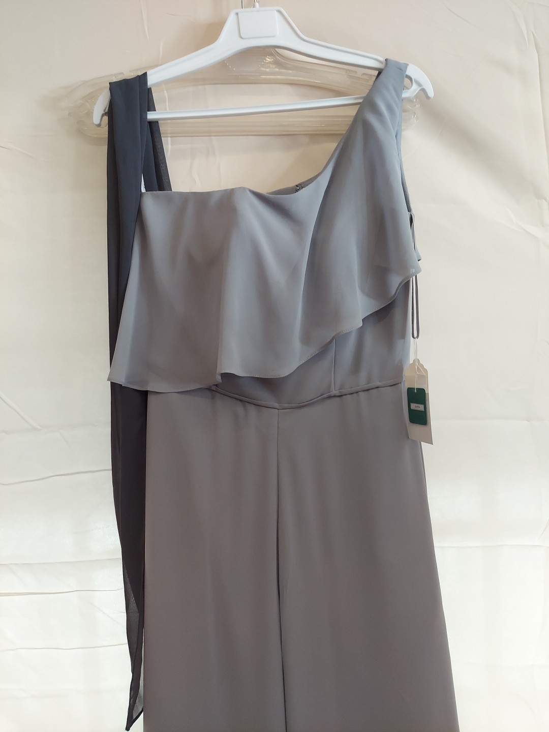 MorileeSize10 Lt. Grey Ruffle Top /zipbk Pantsuit/dress Look.one Shoulder 50%off