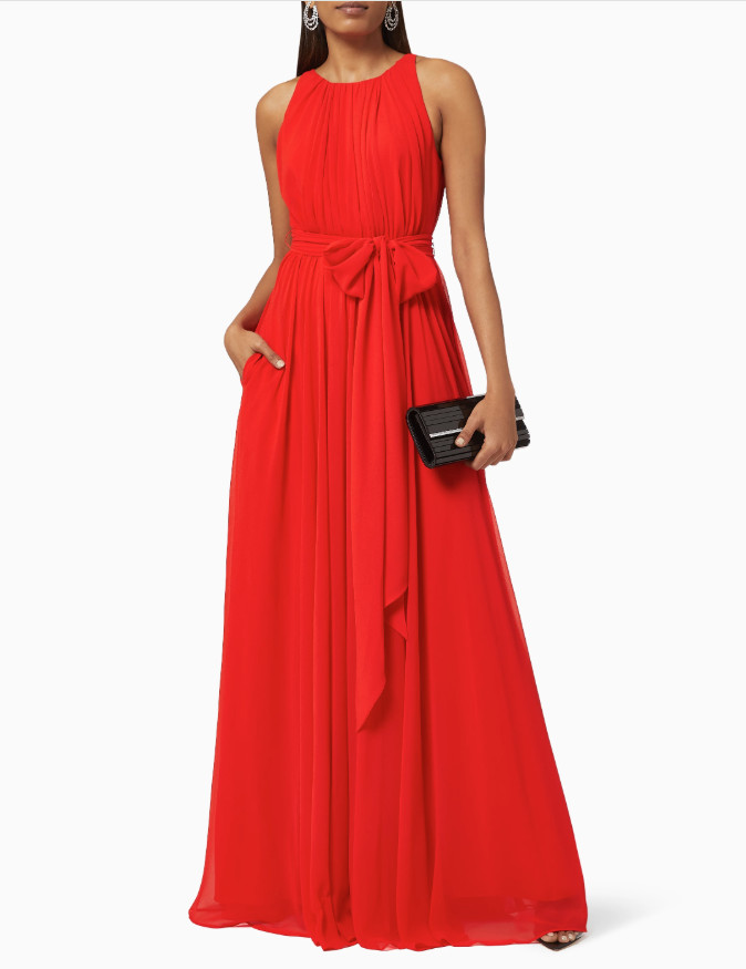 Badgley Mischka Red Sleeveless Pleated Gown in Georgette Dress, BNWT US14 UK18