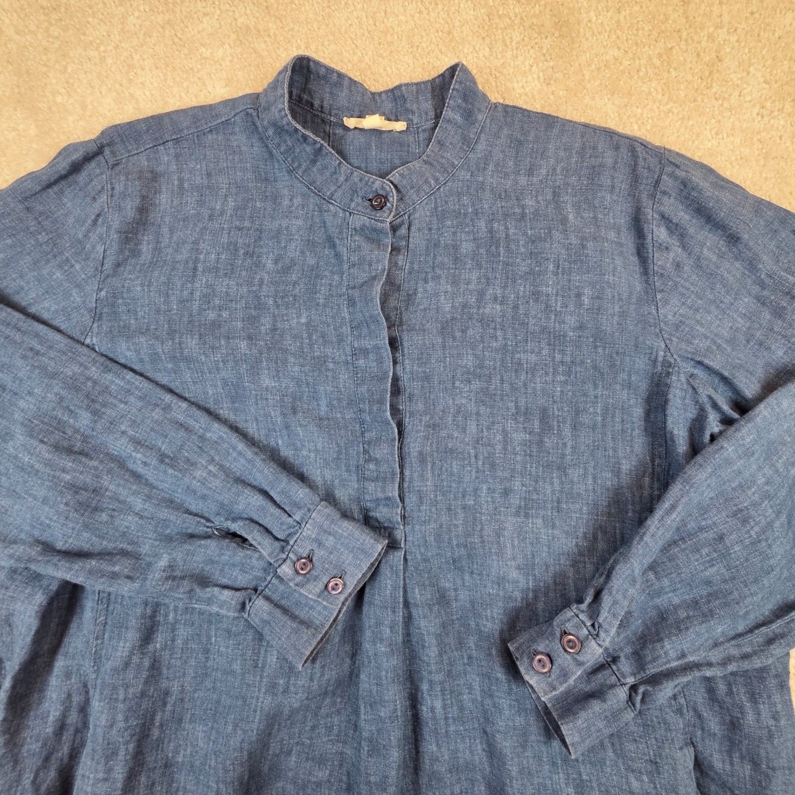 Eileen Fisher Womens Blue 100% Organic Linen Band Collar Shirt Dress M Pockets