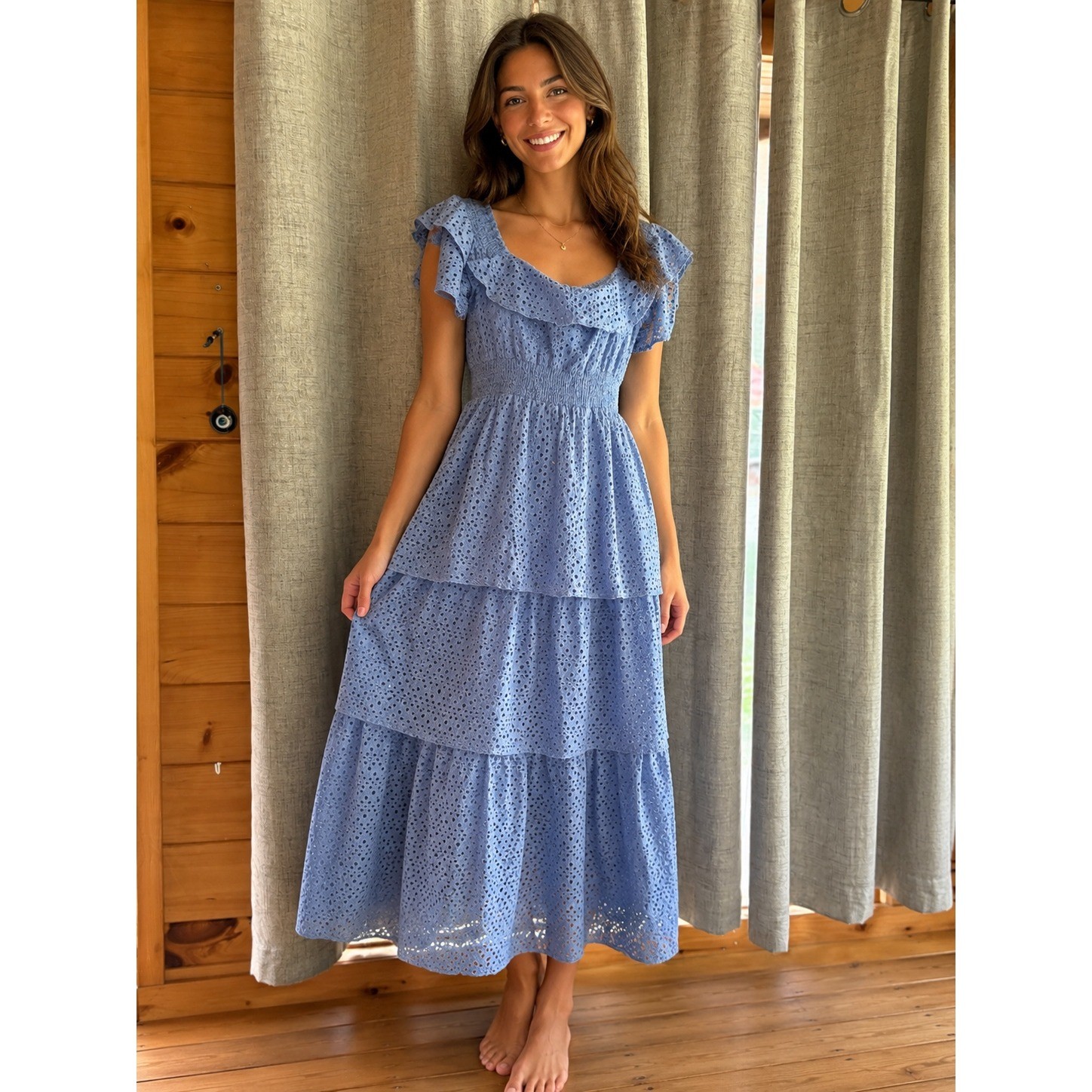 Kendall & Kylie Blue Eyelet Lace Maxi Dress Tiered Smocked Ruffle Flutter Sleeve